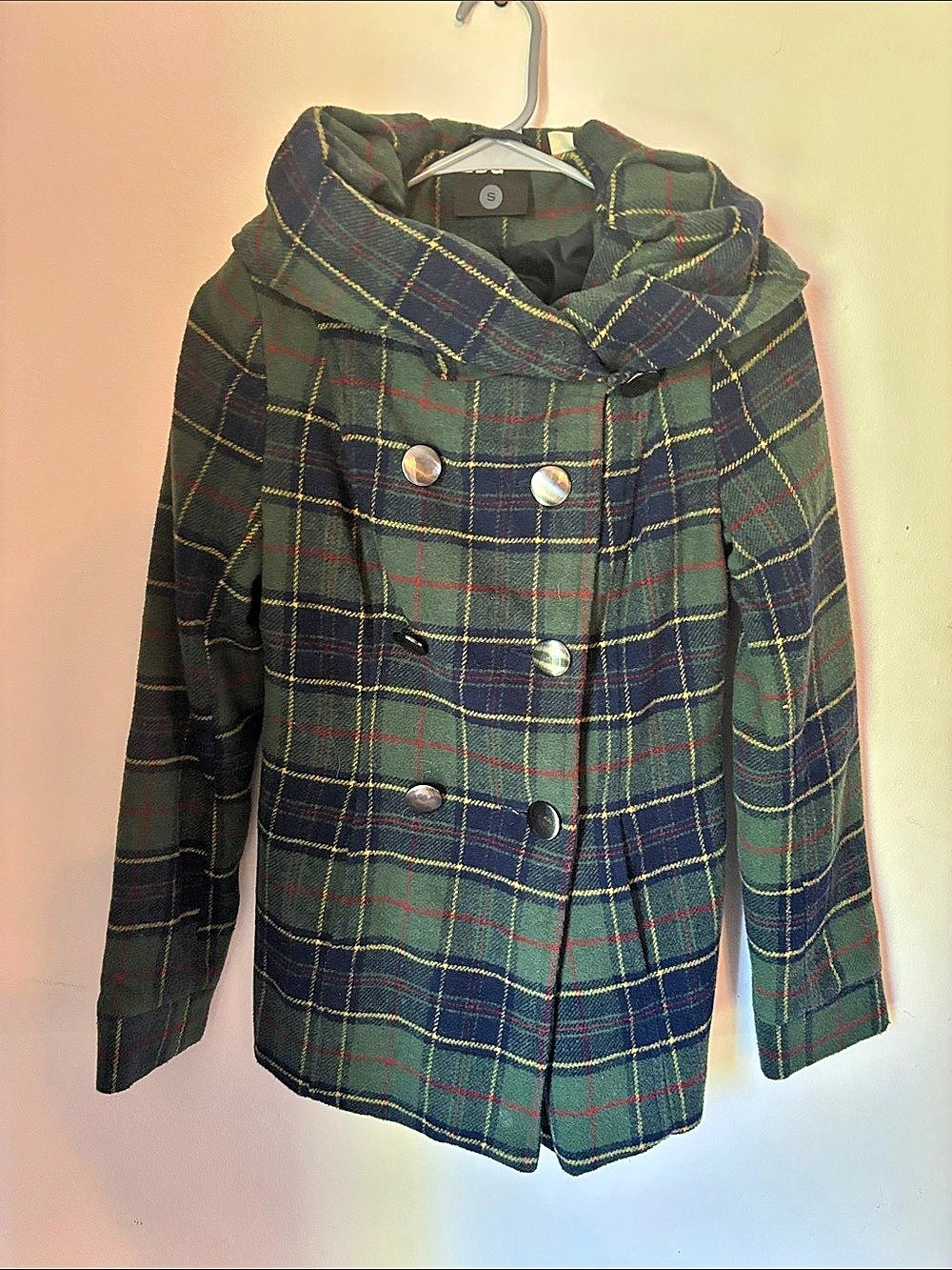 BDG Plaid Pea Coat in Green & Blue Size Small